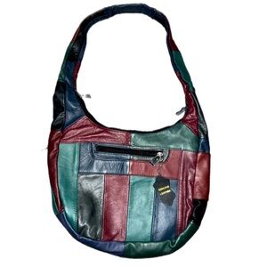 Vintage Genuine Leather Patchwork Colorblock Bucket Shoulder bag